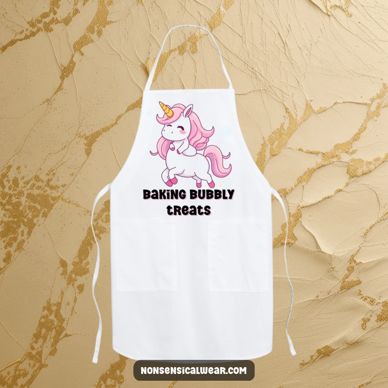 Funny apron with a giggling character riding a unicorn made of bubbles, perfect for protecting clothes with whimsical magic in the kitchen, a delightful item.