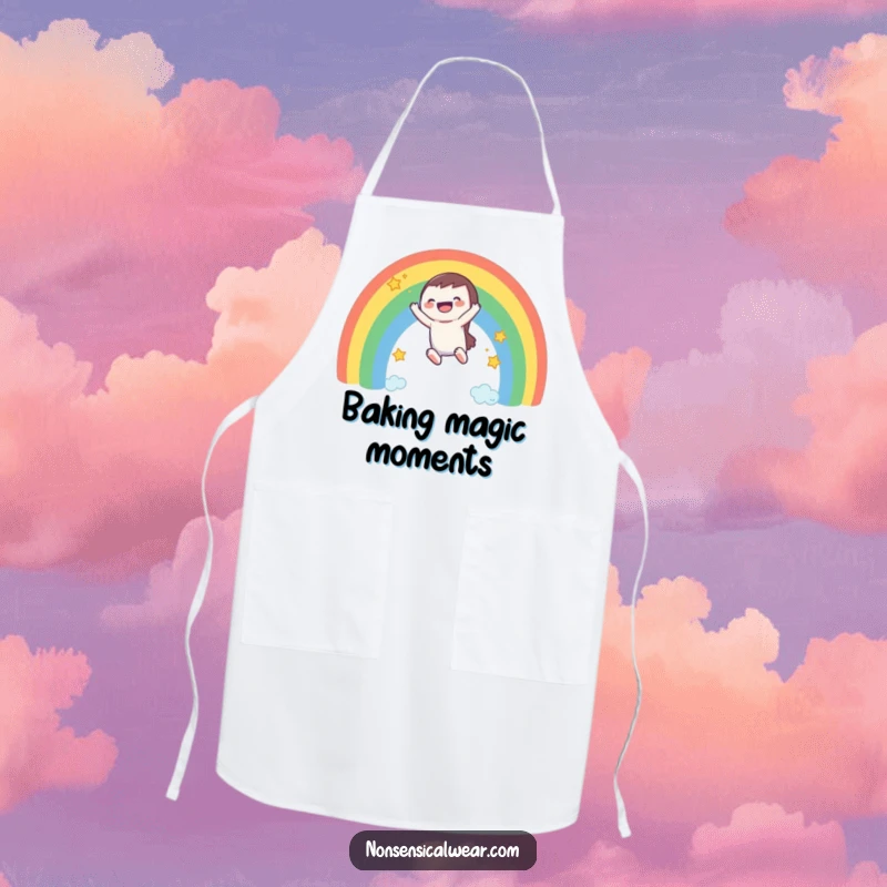Funny apron: a laughing character slides down a vibrant rainbow while cooking, adding fun to the kitchen.