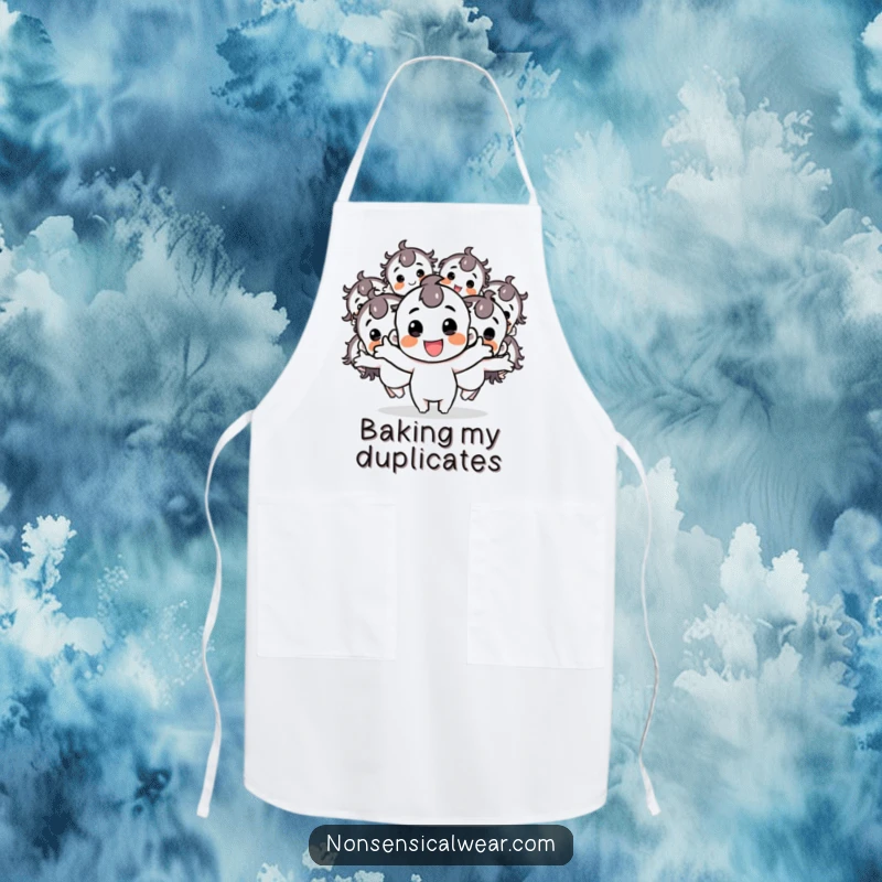 Funny apron depicting a joyful character splitting into multiple bouncy copies, perfect for adding cheer and energy to kitchen tasks.