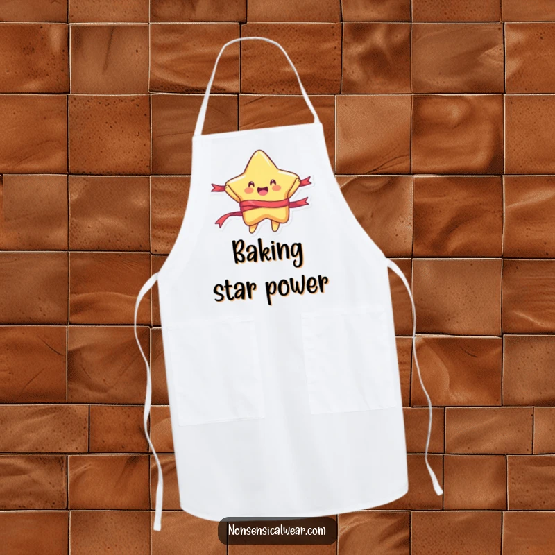 Funny apron showcasing a rounded star character gleefully jumping with a ribbon, adding a touch of sparkle to kitchen tasks.