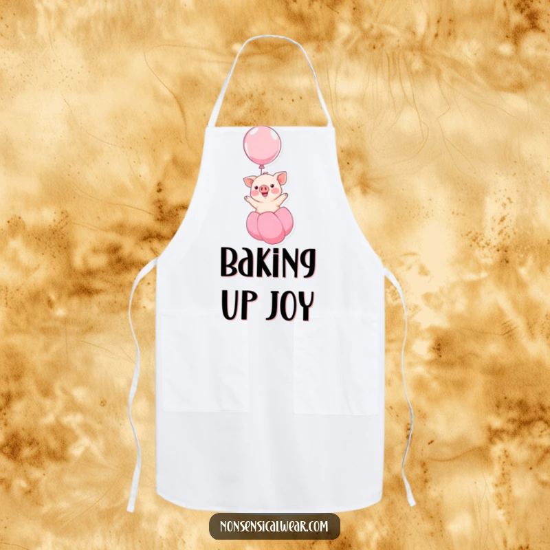 Funny kawaii piglet smiling and floating up on a balloon, a humorous and cheerful design on this kitchen apron, great for cooking.