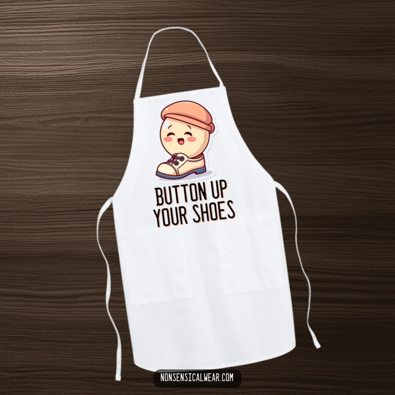 Funny apron print of a giggling button character with a tiny hat worn as shoes, designed for a humorous cooking experience.