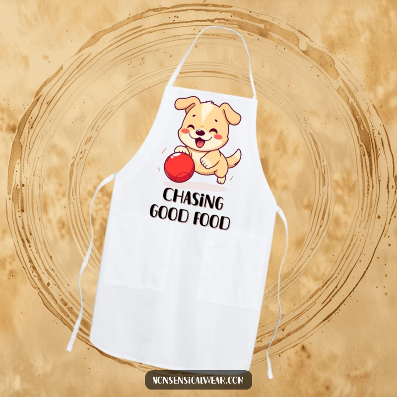 Funny Kawaii Dog Apron: A cute kawaii dog is shown excitedly chasing a ball, adding humor to cooking.