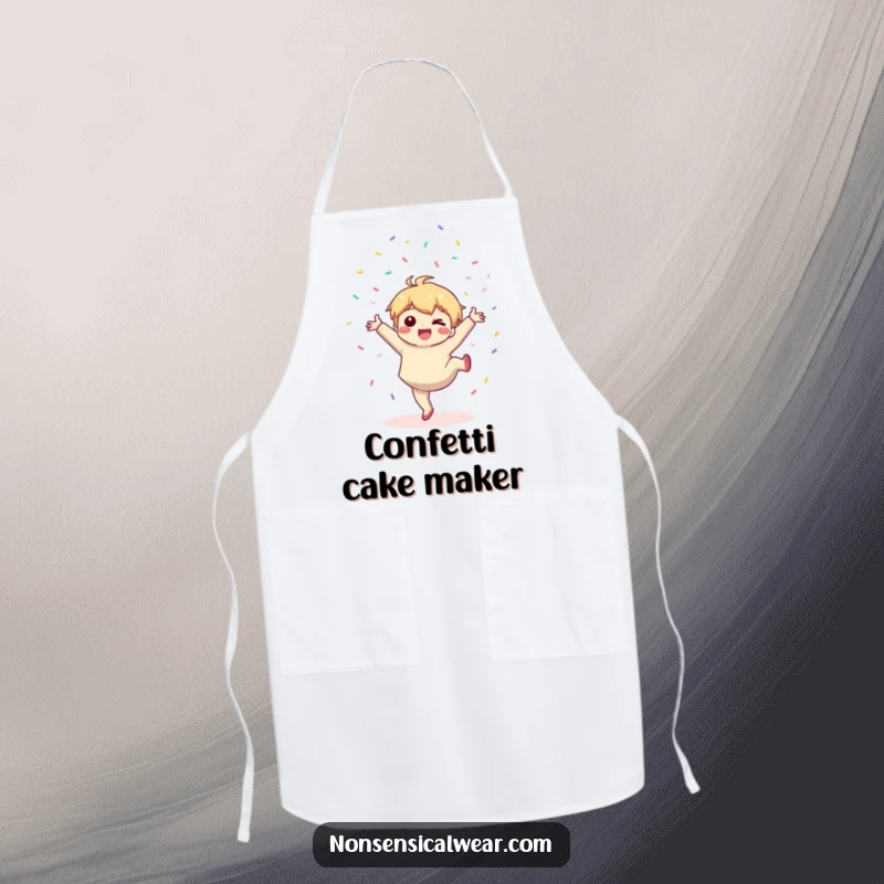 Funny apron: a cute kawaii character does a cartwheel while throwing confetti, perfect for kitchen parties.
