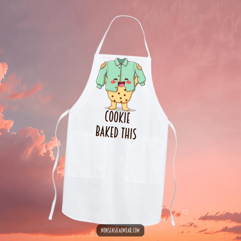 Funny apron featuring a cheerful cookie character holding a finished craft, perfect for protecting clothes while creating.