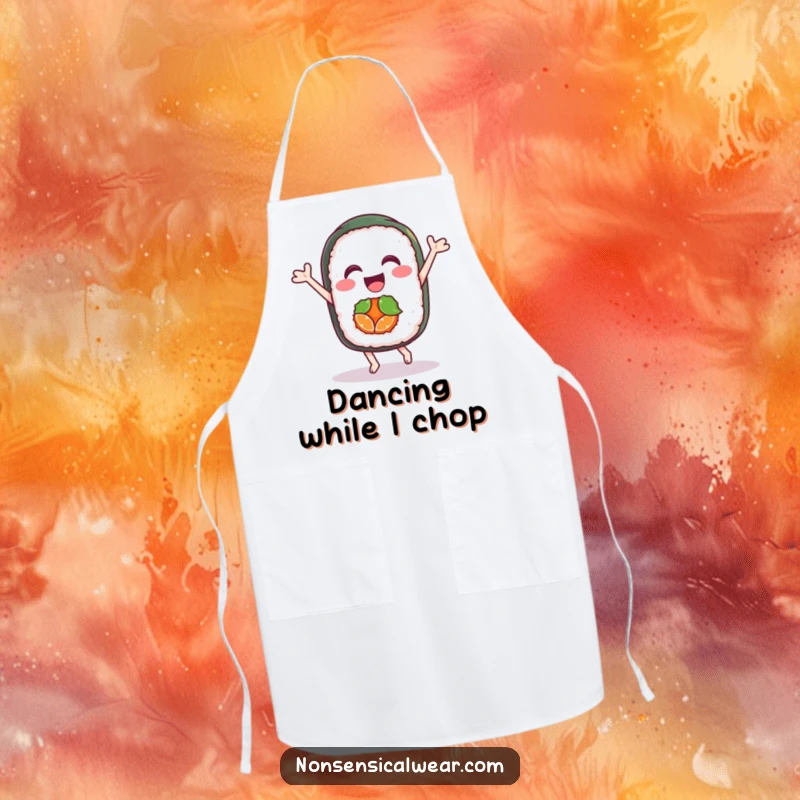 Funny apron with a delighted sushi roll character doing a joyful dance, ideal for kitchen enthusiasts who love sushi.