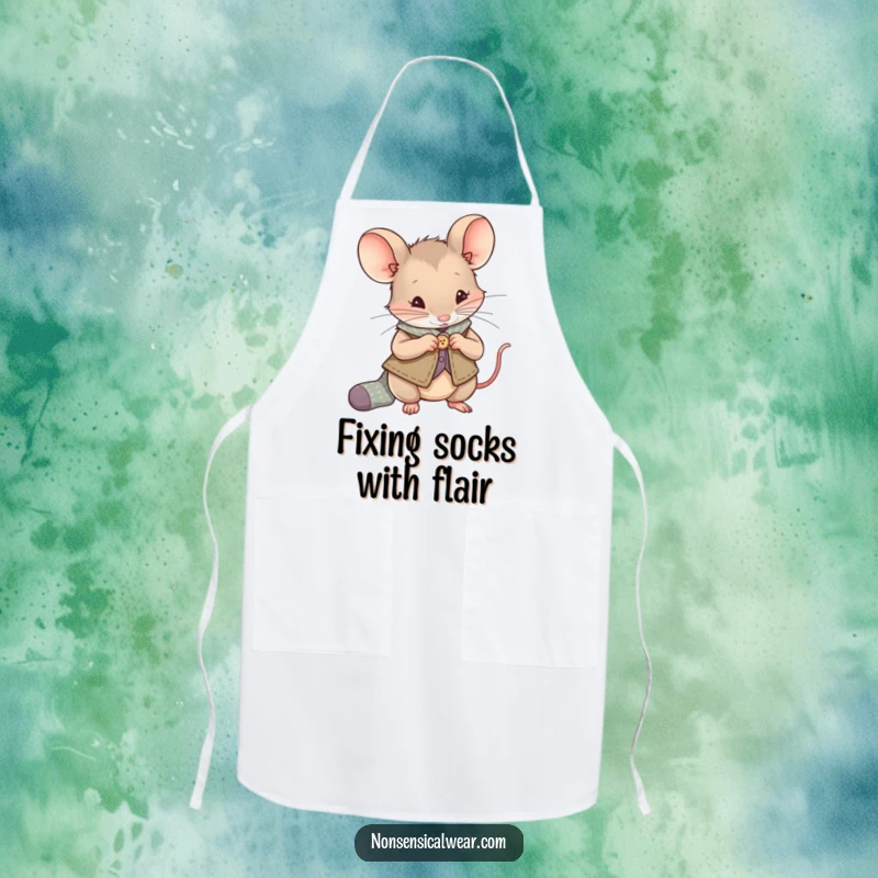 Funny Mouse Apron: A mouse wearing a vest sews a button onto a sock, perfect for keeping clean while creating.