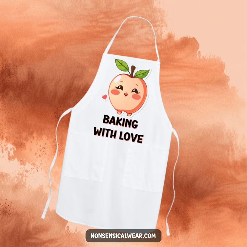 Funny apron with a blushing apple character joyfully blowing a kiss, ideal for those who love to bake and share affection.