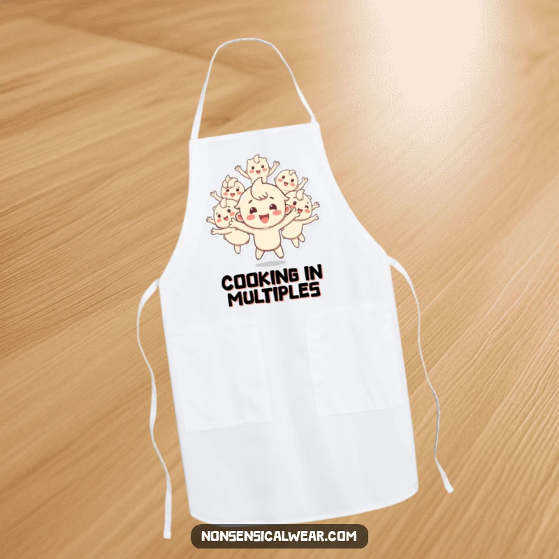Funny apron with a happy character multiplying into bouncing copies, perfect for protecting clothes with energetic fun in the kitchen, a delightful item.