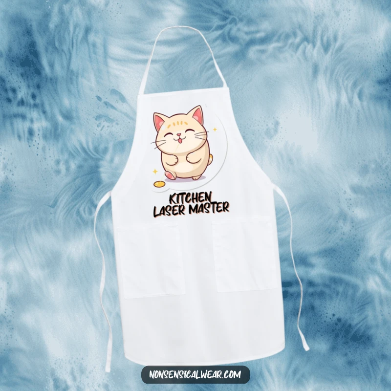 Funny kitchen apron featuring a round cat passionately chasing a red laser pointer dot, perfect for culinary humor.
