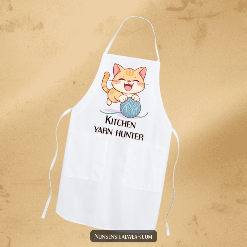 Funny apron illustrating a mischievous cat character pouncing on a ball of yarn, ideal for adding humor to kitchen tasks.