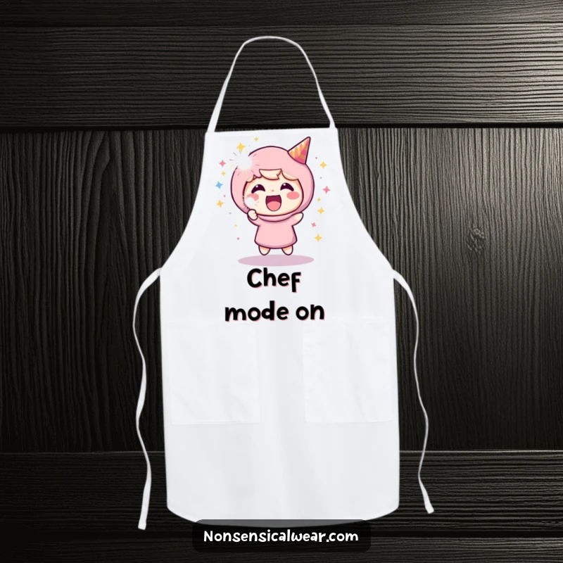 Funny kitchen apron showing a happy character enthusiastically firing a party popper, perfect for adding cheer to cooking tasks.