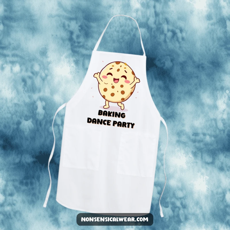 Funny delighted cookie character doing a happy dance with sprinkles on a practical kitchen apron, offering humorous baking fun.