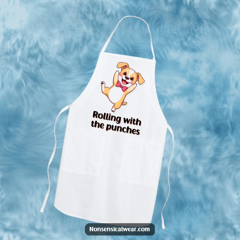 Funny apron depicting a happy dog in a bowtie doing a playful somersault, perfect for adding canine cheer to cooking.