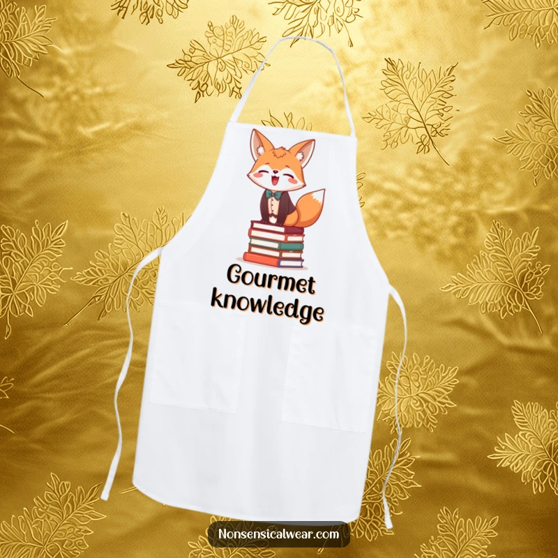 Funny apron print of a giggling fox in a vest and bow tie, balancing on books while cooking.