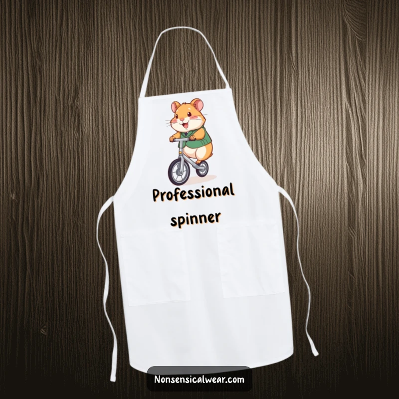Funny apron print of a beaming hamster in a vest, riding a unicycle while cooking.