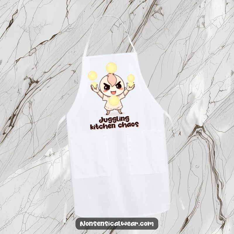 Funny apron with a mischievous character juggling glowing orbs, perfect for protecting your clothes with playful magic during cooking, a fun kitchen item.