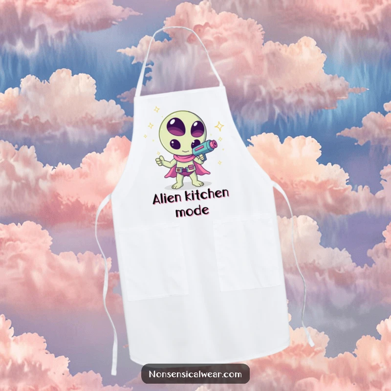Funny kawaii alien waving a ray gun shooting sparkles, a humorous and cheerful design on this kitchen apron, great for cooking.