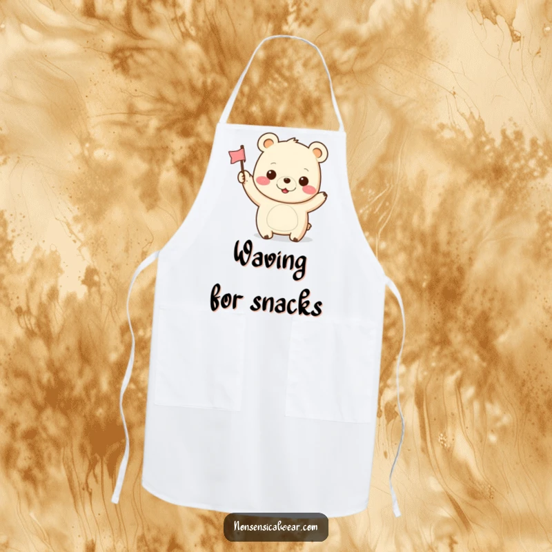 Funny Kawaii Bear Apron: A cute kawaii bear cheerfully waves a flag while cooking, adding humor to meal prep.