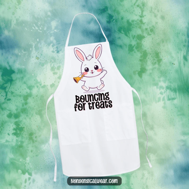 Funny Kawaii Bunny Apron: A wide-eyed kawaii bunny bounces, holding a party horn, adding cheerful fun to cooking.