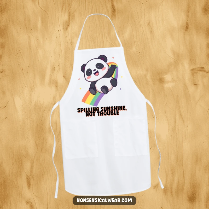 Funny Kawaii Panda apron featuring a panda sliding down a rainbow, bringing joy to the kitchen.