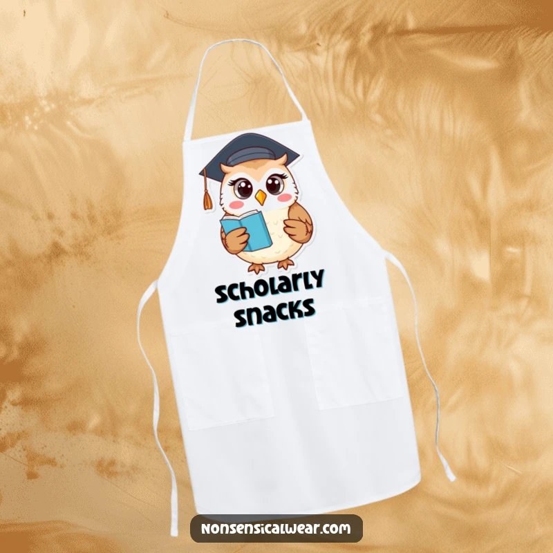 Funny apron featuring a round owl wearing a graduation cap and holding a book, for the wise home chef.