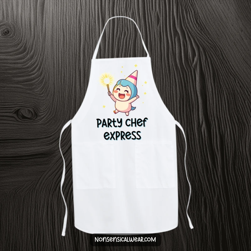 Funny apron with a cheering character launching a sparkling party popper, perfect for protecting clothes with festive fun in the kitchen, a delightful item.