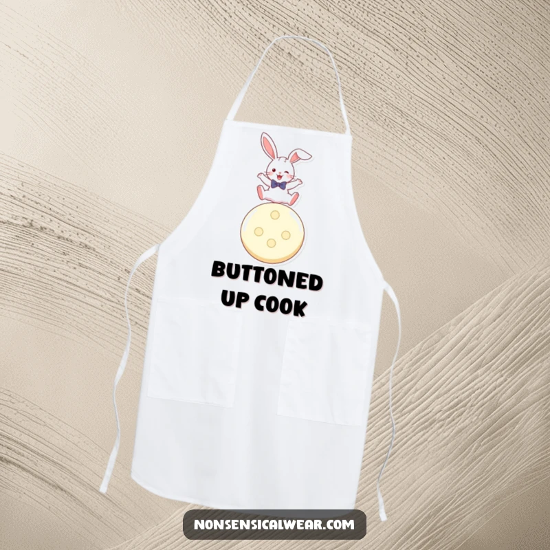Funny apron print of a playful rabbit in a bow tie, jumping over a giant button while cooking.
