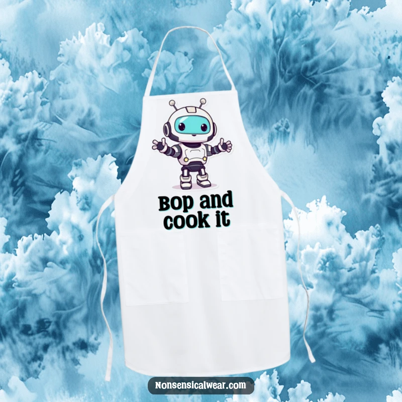 Funny robot apron showing a playful character doing a happy little bop, perfect for cooking and baking.