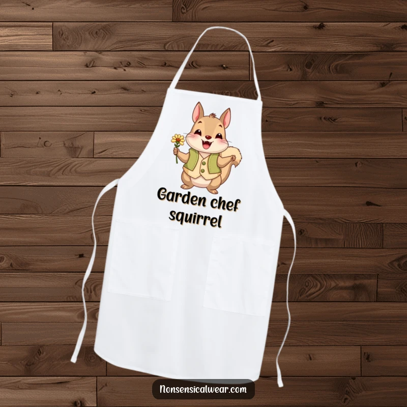 Funny squirrel wearing a vest and offering a flower, printed on an apron for a humorous kitchen experience.
