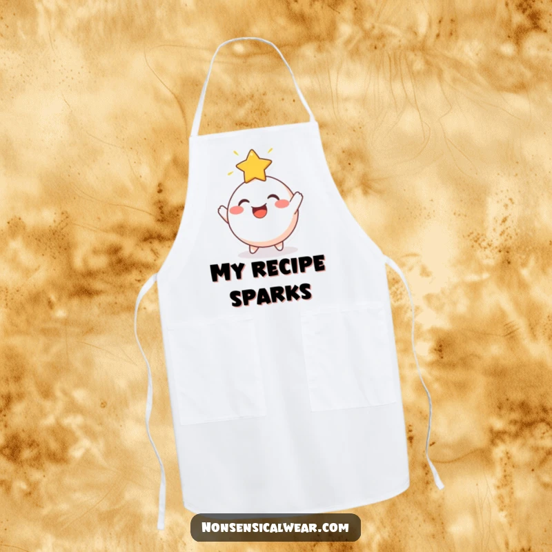 Funny Apron: A cheerful, round character joyfully bouncing a radiant star off its head, perfect for kitchen magic.