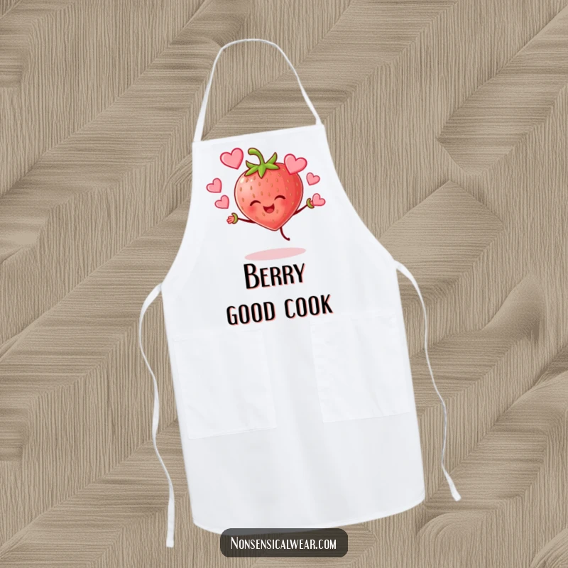 Funny cheerful strawberry character joyfully juggling hearts on a kitchen apron, designed for cooks who love spreading love.