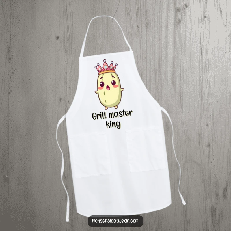 Funny surprised pickle in a crown, worn as a humorous apron for kitchen fun.