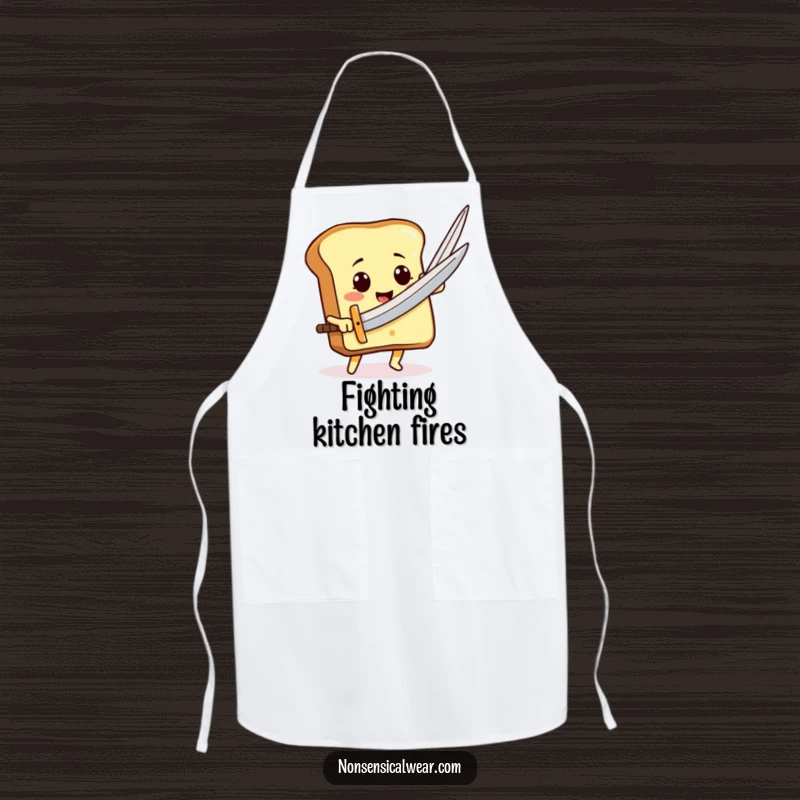 Funny smiling toast character using a large needle like a sword on a practical kitchen apron, ready for culinary battles.