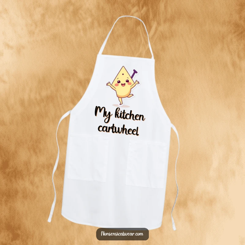 Funny apron depicting a joyful triangular character mid-cartwheel, ready for energetic and fun culinary activities.