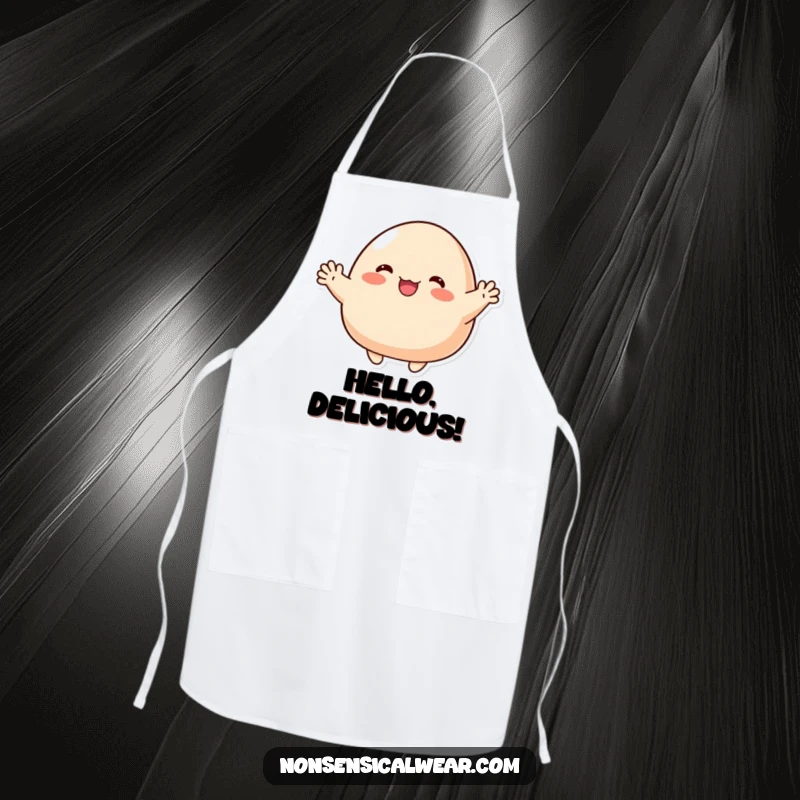 Funny Apron: A cute blob character enthusiastically waving with tiny, stubby arms, perfect for cooking with joy.