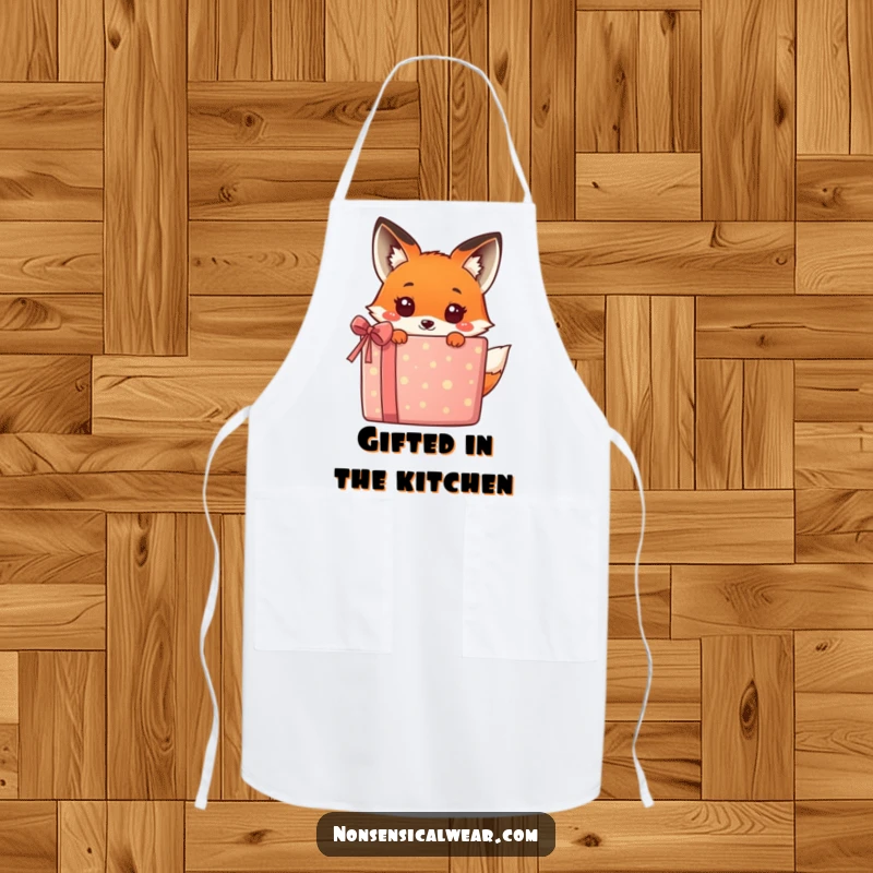 Funny kawaii fox peeking from behind a vibrant gift box, a humorous and charming design on this kitchen apron, great for cooking.
