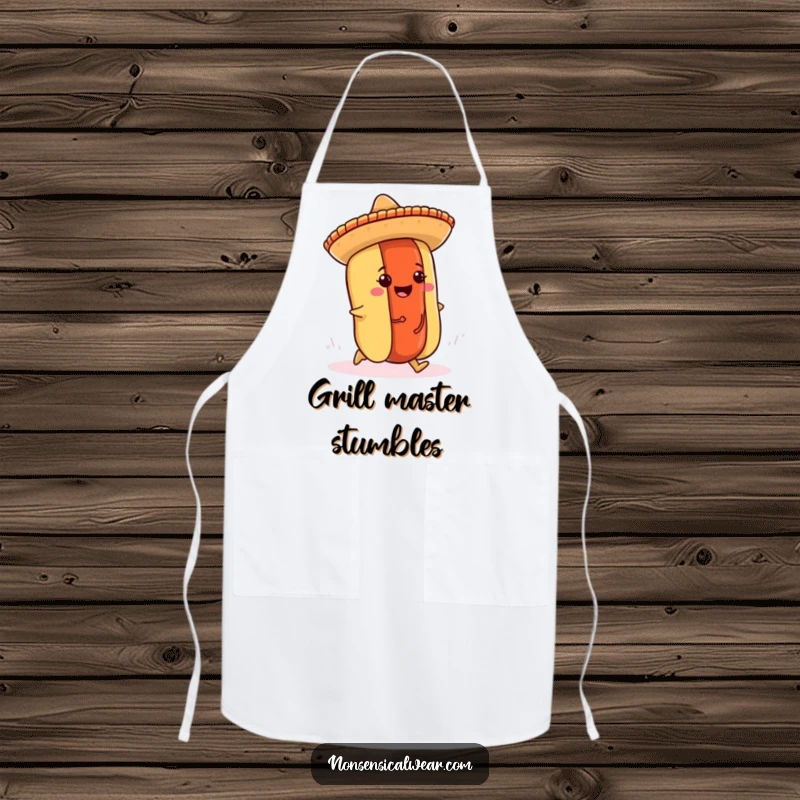 Funny hot dog apron showcasing a cheerful hot dog in a sombrero tripping over its bun, mid-fiesta.