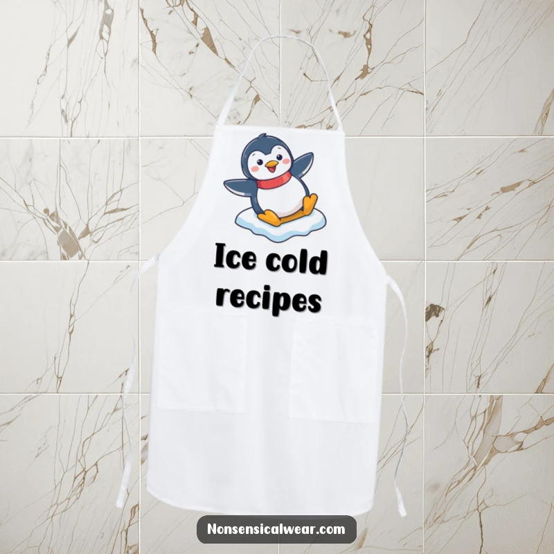 Funny apron showing a cheerful penguin character sliding down an icy slope, perfect for a kitchen adventure.