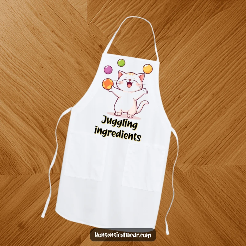 Funny Kawaii Cat Apron: A skilled kawaii cat juggles balls, adding humorous flair to cooking and kitchen tasks.