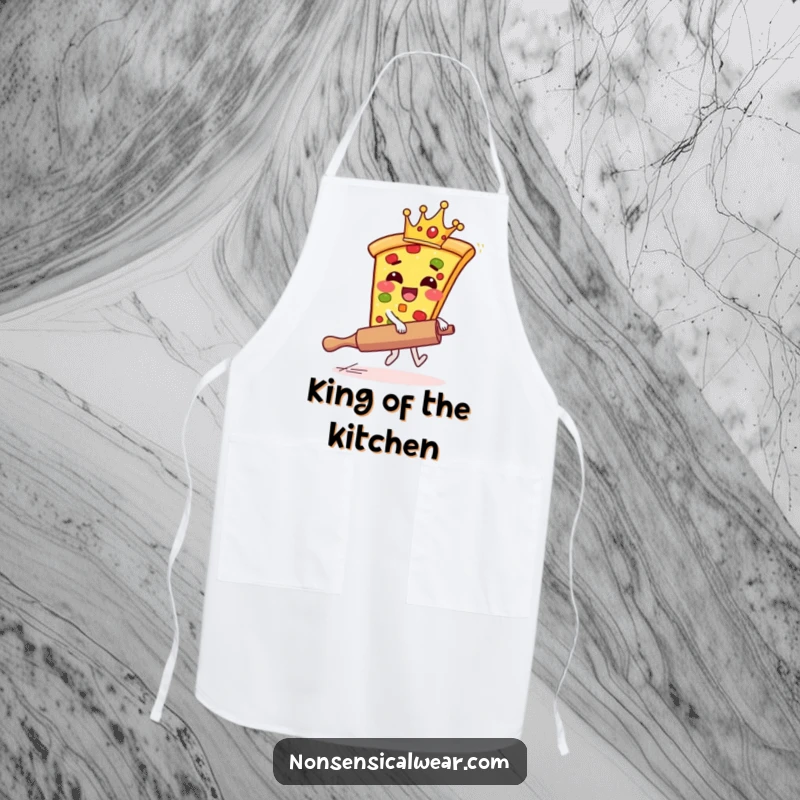 Funny pizza apron showcasing a giggling pizza slice with a crown riding a runaway rolling pin, ready to cook.