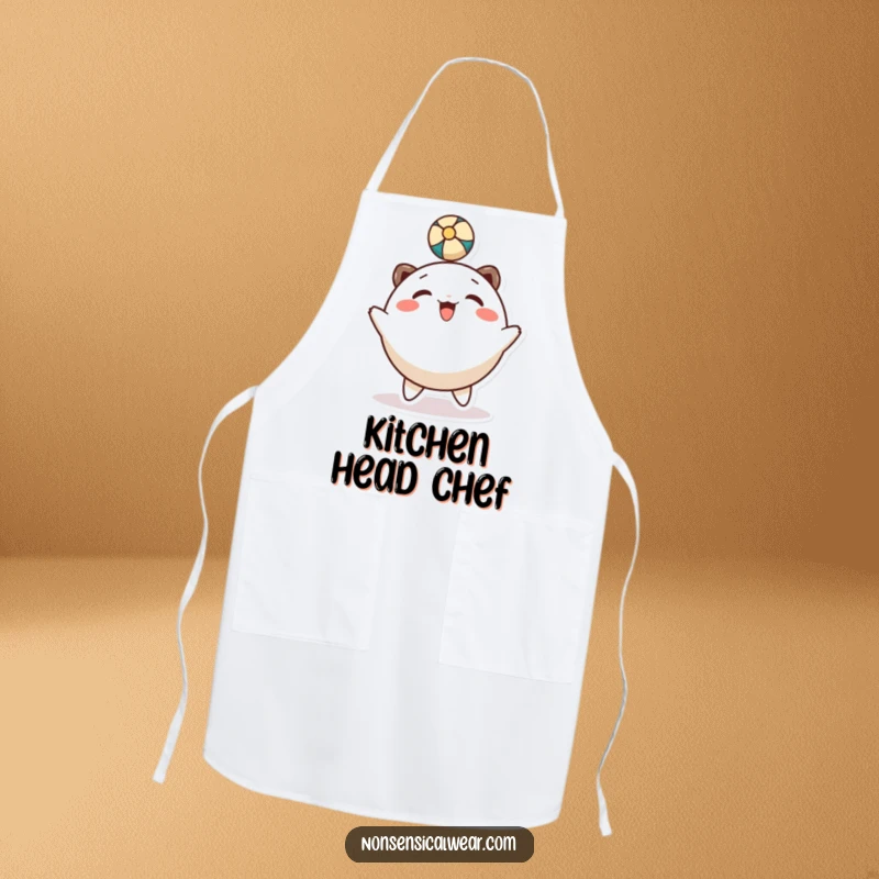 Funny apron: a smiling character joyfully bounces a ball with its head while cooking.