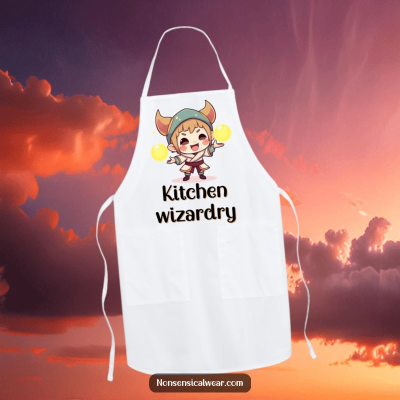 Funny apron depicting a sly character juggling three glowing orbs, perfect for adding a playful and magical flair to cooking.