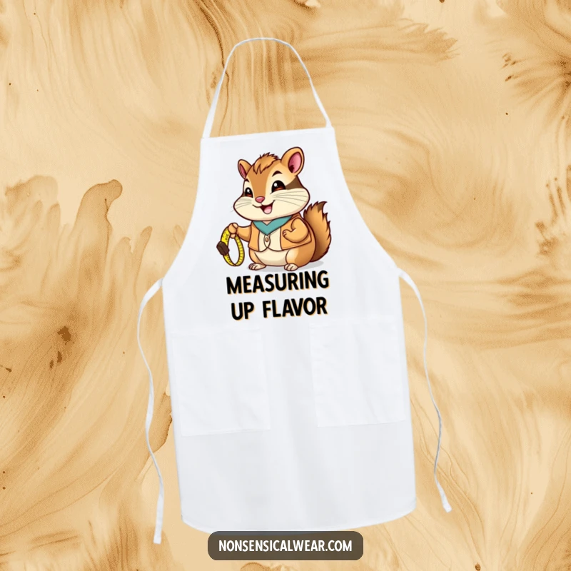 Funny Chipmunk Apron: A chipmunk wearing a vest holds a tiny measuring tape, perfect for keeping clean while creating.