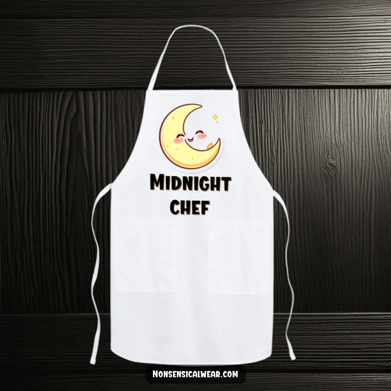 Funny apron showcasing a happy crescent moon character winking and spinning, adding a touch of cosmic fun to cooking.