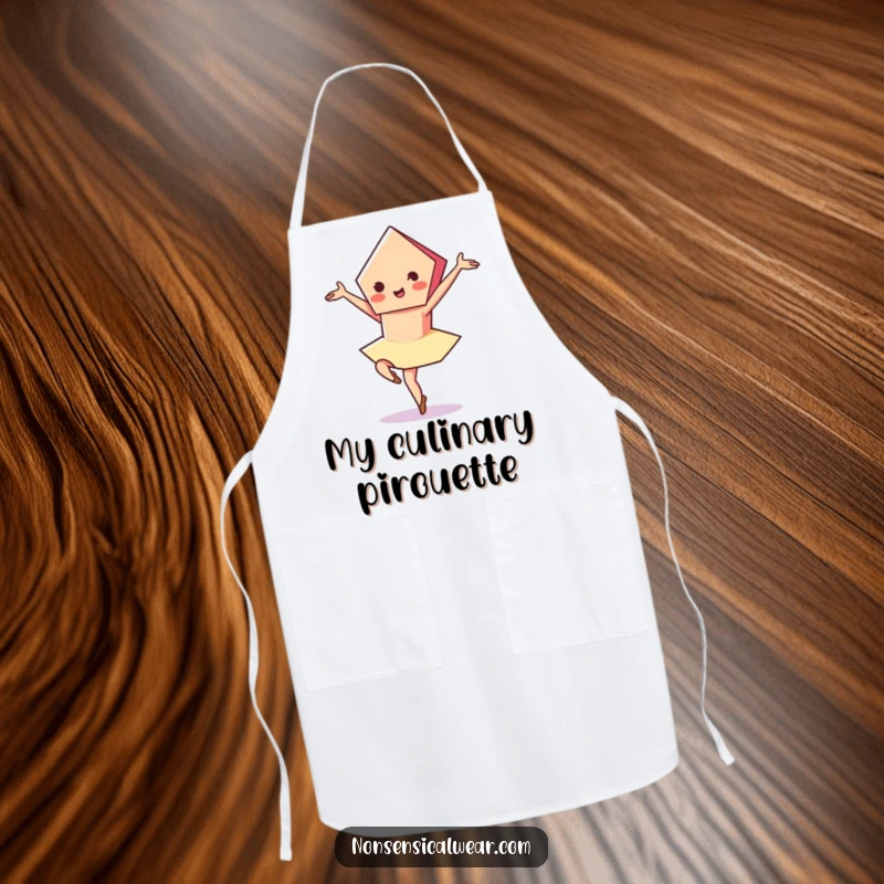 Funny apron depicting a vibrant pentagon character performing a graceful pirouette, perfect for stylish and elegant culinary endeavors.