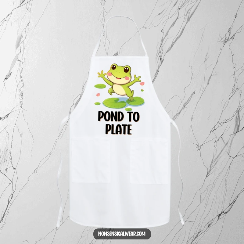 Funny apron featuring a smiling frog character leaping on lily pads, perfect for a whimsical cooking adventure.