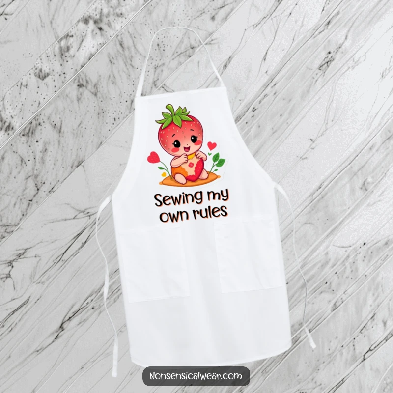 Funny apron with a happy strawberry character demonstrating its sewing skills while stitching a colorful patch, a humorous and practical item.