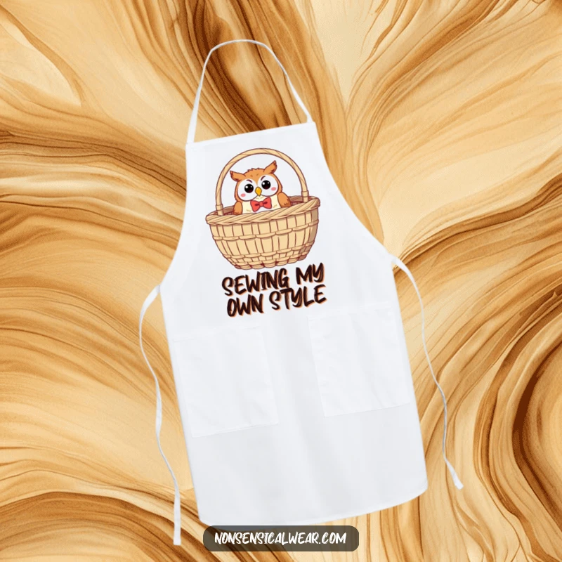 Funny Owl Apron: A stylish owl with a bow tie peeks from a sewing basket, perfect for kitchen or craft room fun.