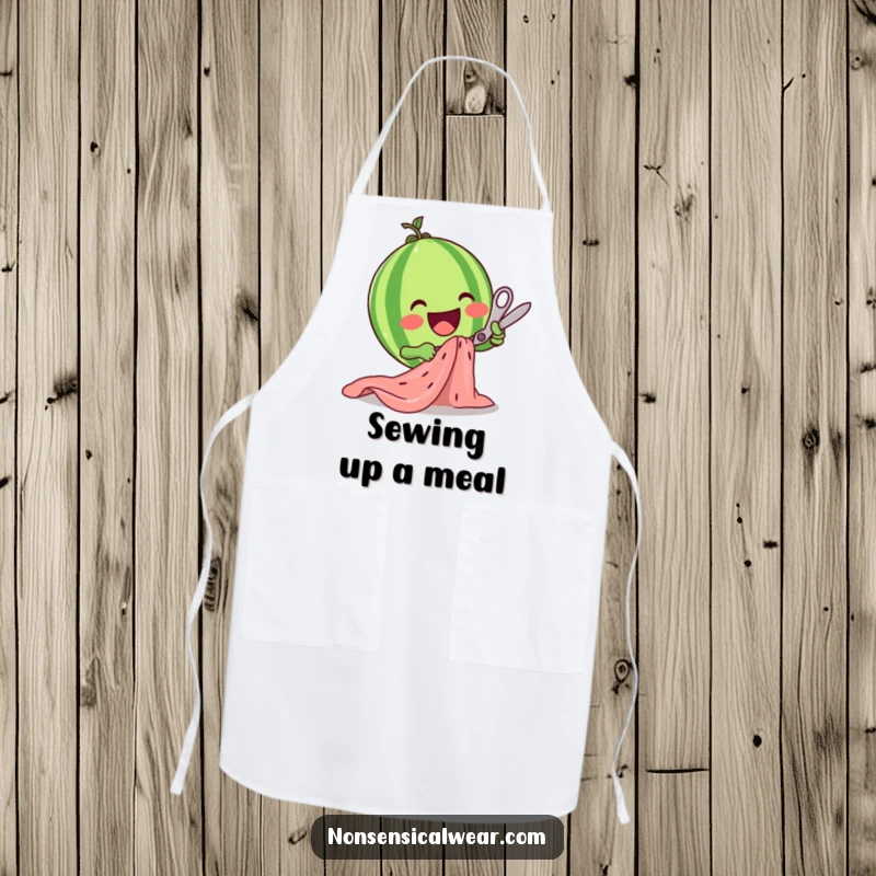 Funny watermelon character enthusiastically cutting fabric with scissors on a practical kitchen or craft apron.